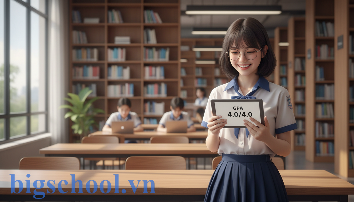 Học sinh Việt Nam vui mừng kiểm tra bảng điểm GPA cao từ hệ GDTX để du học Mỹ.