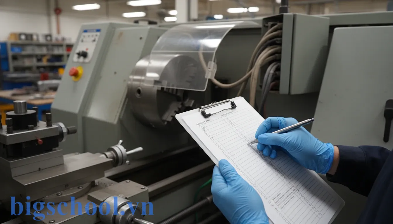 Học viên kiểm tra bảng checklist an toàn máy móc trước khi bắt đầu vận hành thiết bị công nghiệp.