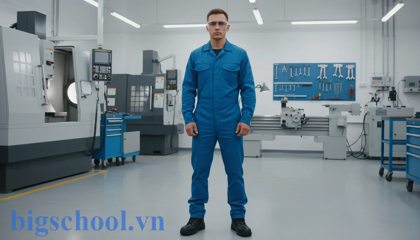 Học viên mặc đồng phục bảo hộ lao động kaki đúng quy cách trong xưởng thực hành nghề nghiệp.