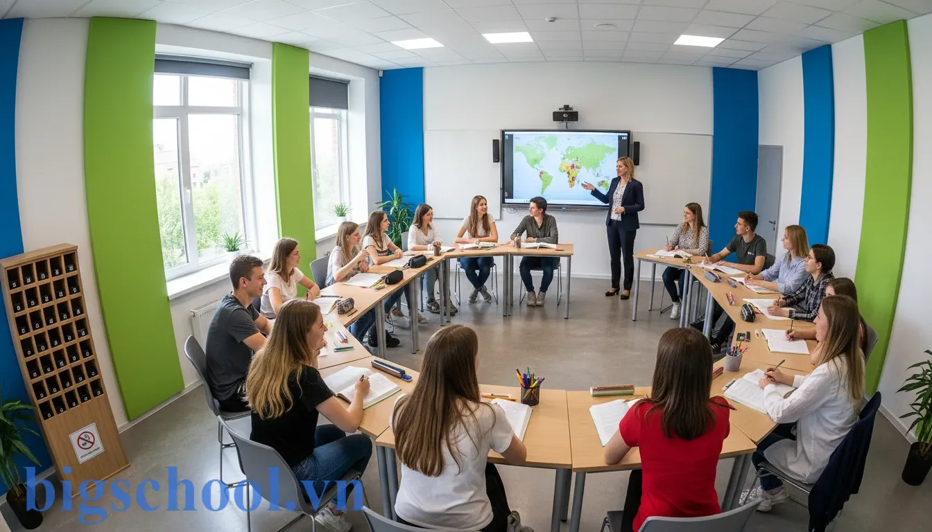 Học viên tại trung tâm ngoại ngữ nghiêm túc học tập và tuân thủ nội quy lớp học hiện đại.