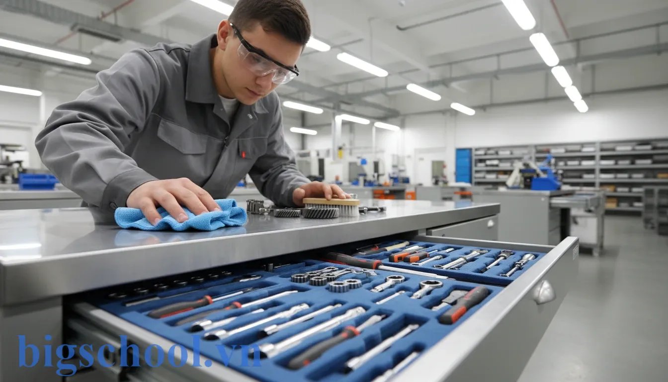 Học viên thực hiện vệ sinh máy móc và sắp xếp dụng cụ theo tiêu chuẩn 5S sau giờ học.