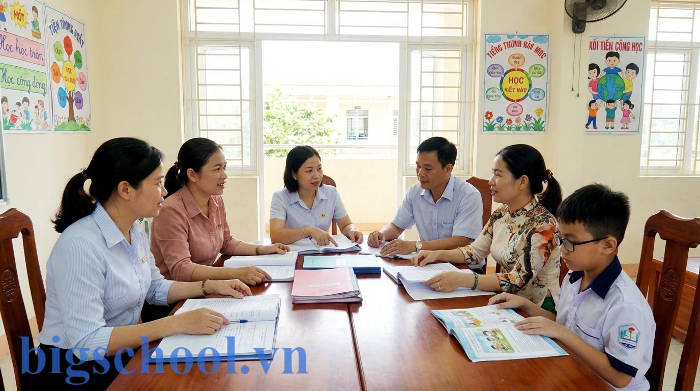 Hội đồng giáo dục nhà trường đang làm việc cùng phụ huynh về hồ sơ học vượt lớp của học sinh.