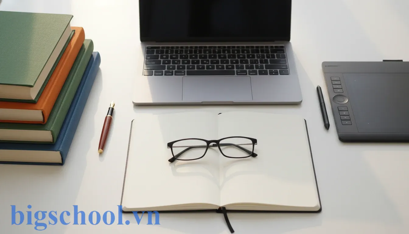 Không gian học tập và làm việc chuyên nghiệp minh họa sự khác biệt giữa quy chuẩn giáo dục và thẩm mỹ ngôn từ.