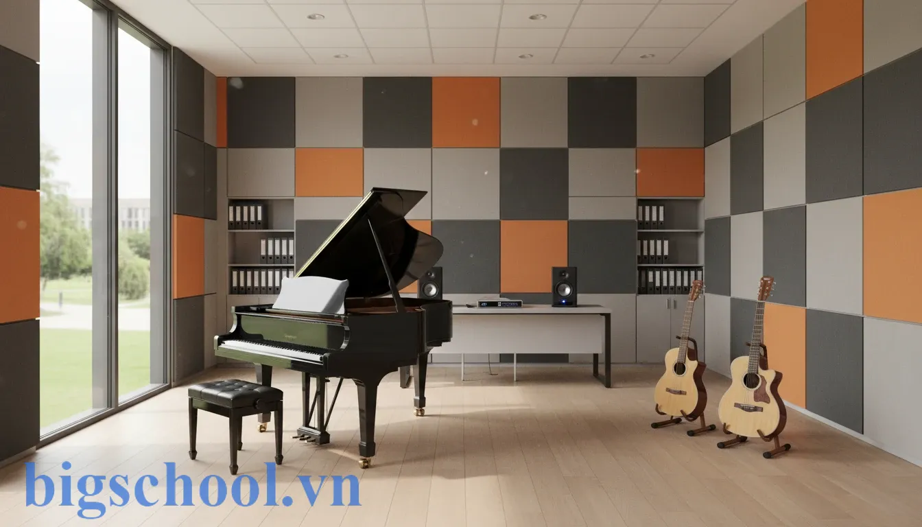 Không gian phòng học âm nhạc chuyên dụng với hệ thống nhạc cụ và tiêu chuẩn an toàn kỹ thuật.