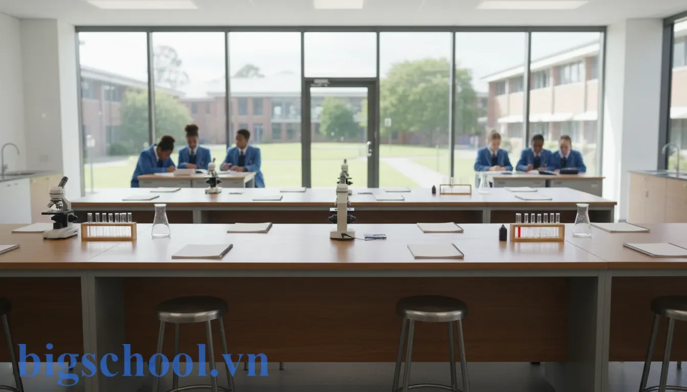 Không gian phòng học bộ môn sạch sẽ với các thiết bị được sắp xếp ngăn nắp đúng quy định.