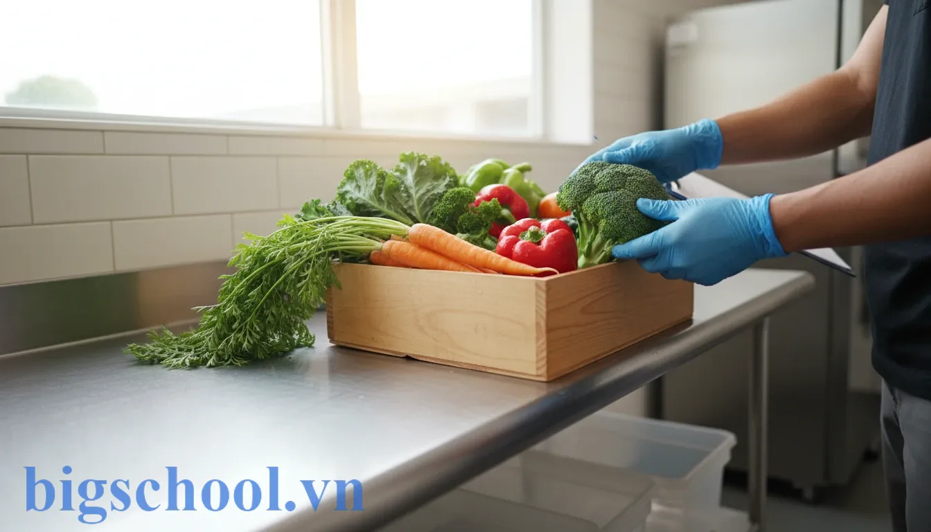 Kiểm tra chất lượng thực phẩm tươi sống đầu vào tại khu vực tiếp nhận của bếp ăn mầm non.