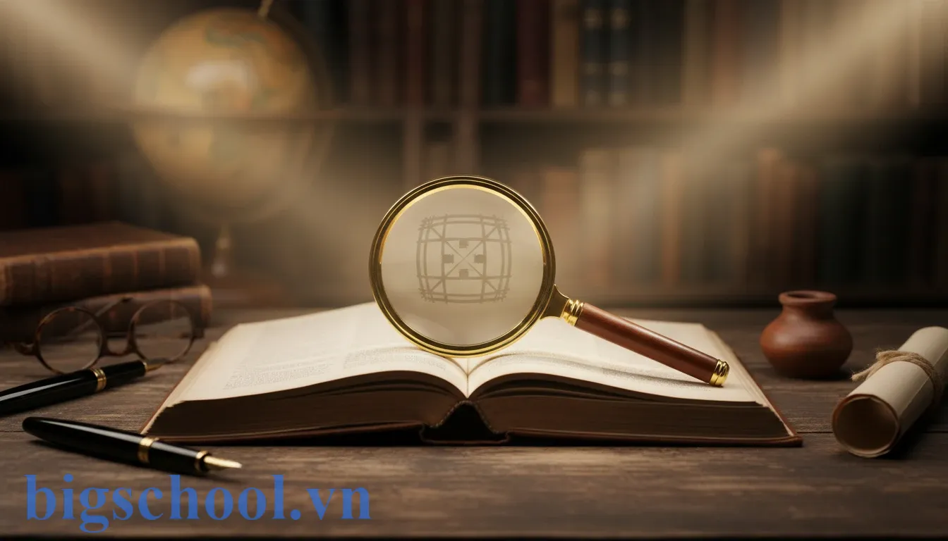 Kính lúp hội tụ vào điểm cốt lõi trang sách minh họa cho từ tựu trung.