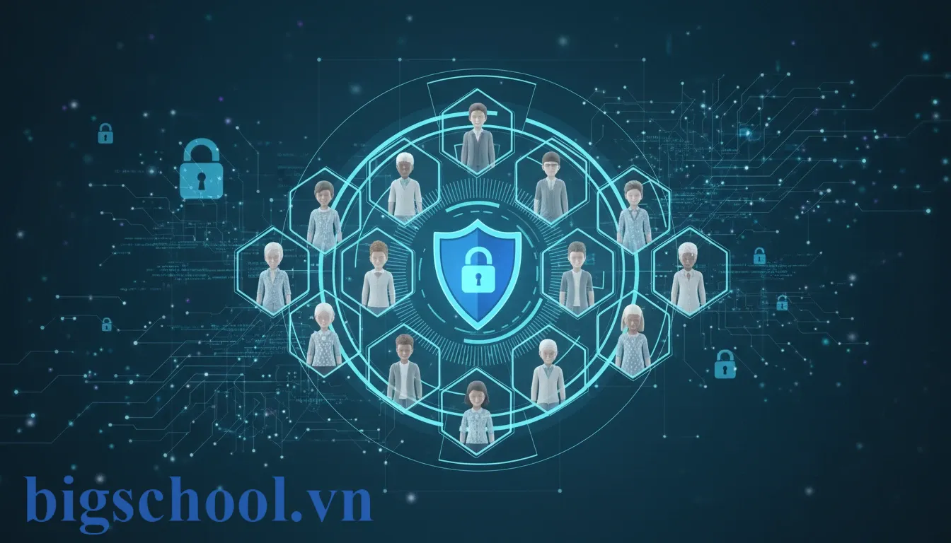 Minh họa bảo mật lớp học ảo với các biểu tượng khóa bảo vệ dữ liệu và ngăn chặn xâm nhập.