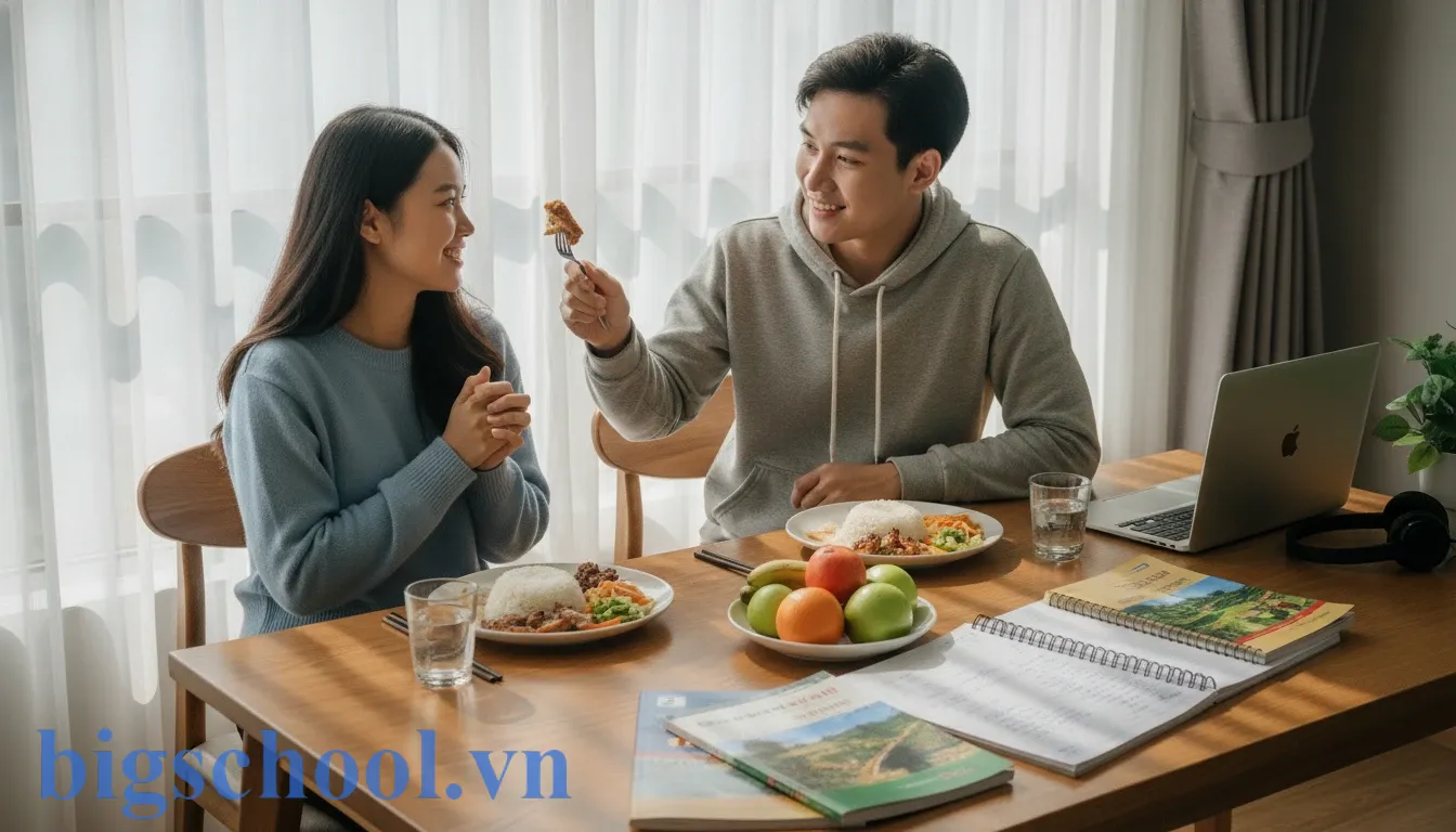 Minh họa cách sử dụng từ ăn nhờ và ăn ké lịch sự trong các tình huống giao tiếp đời thường.