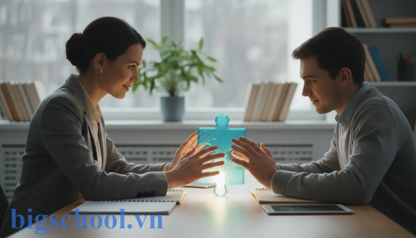 Minh họa khái niệm hỗ trợ qua hình ảnh hai người cùng nâng một khối kiến thức.