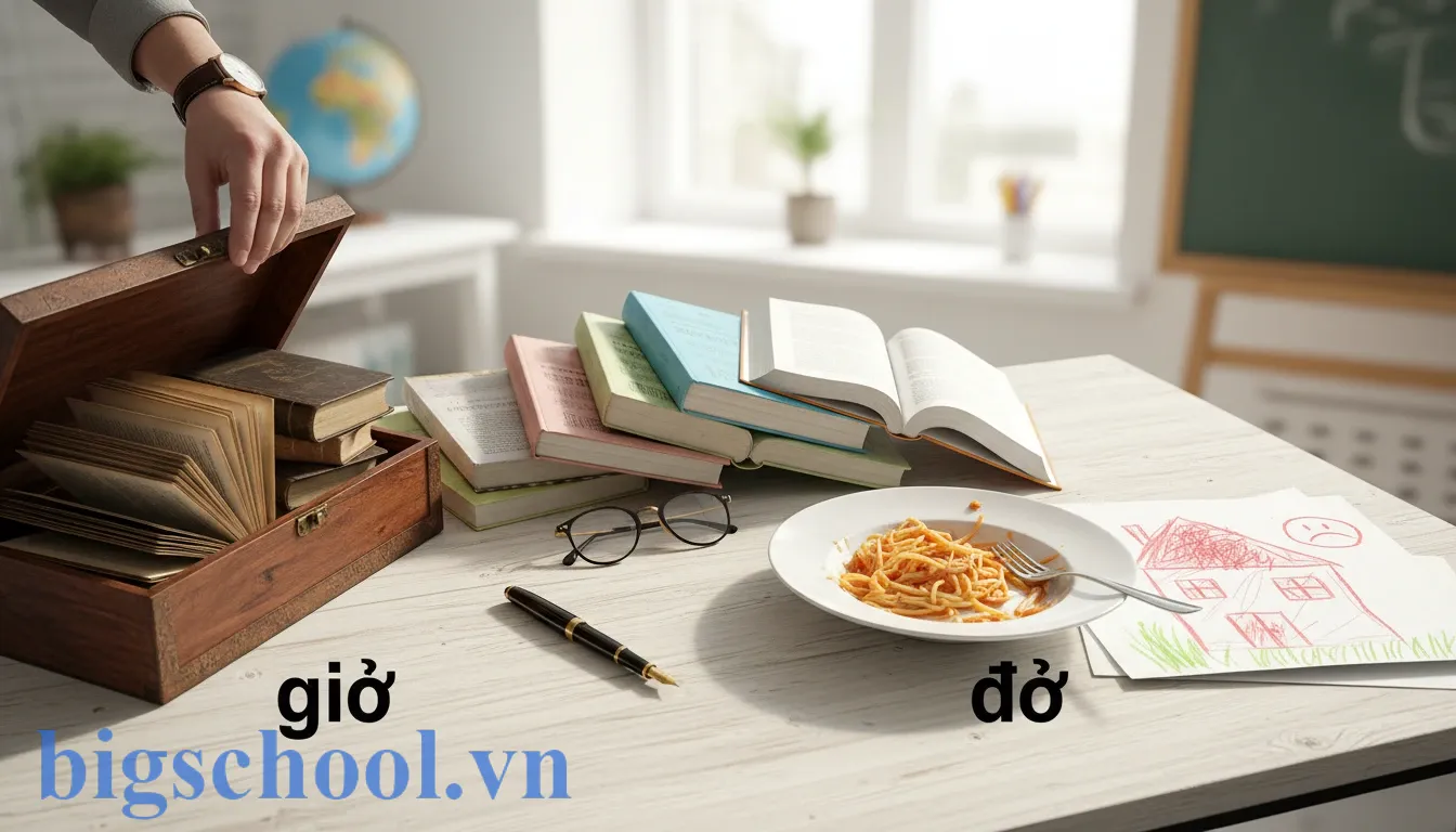 Minh họa quy tắc ghi nhớ chính tả phân biệt Giở và Dở qua hình ảnh hành động mở hộp và chất lượng kém.