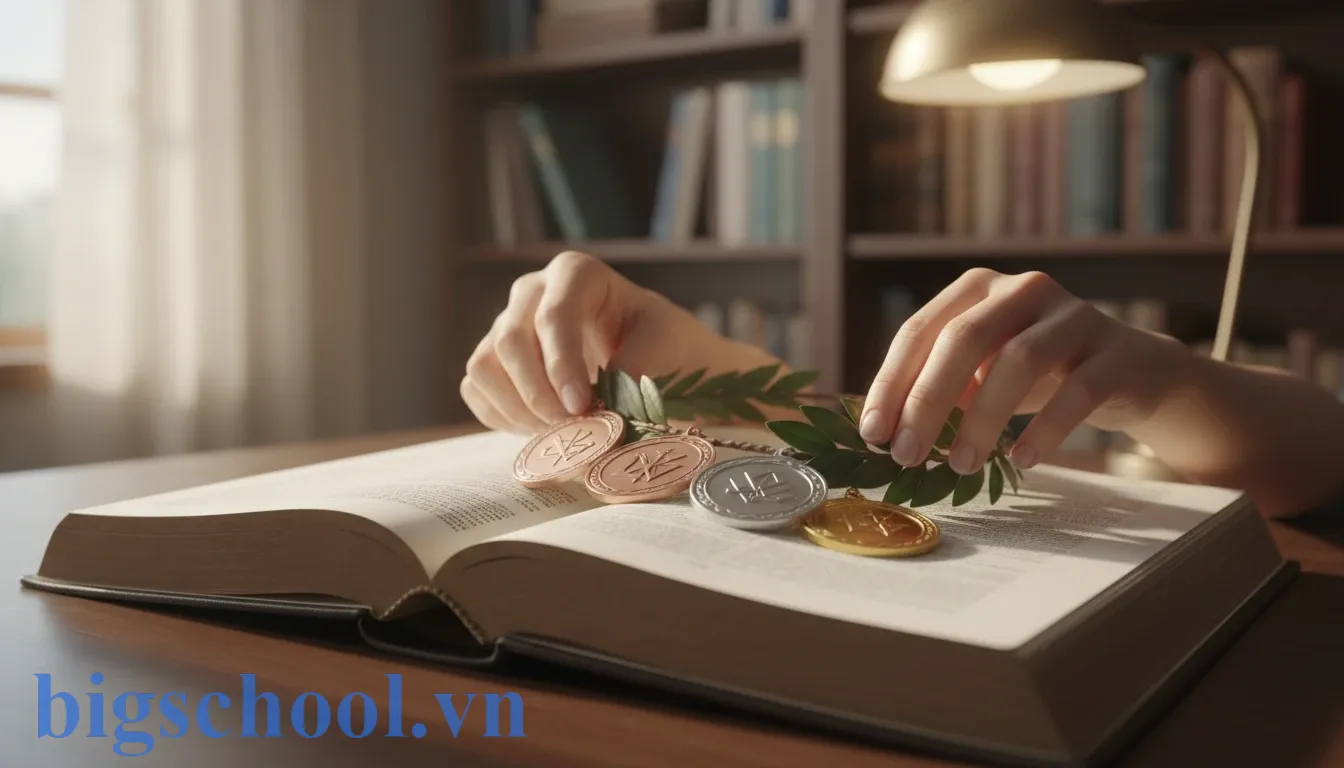 Minh họa sự nỗ lực và thành quả khi giành lấy mục tiêu trong học tập và ngôn ngữ.