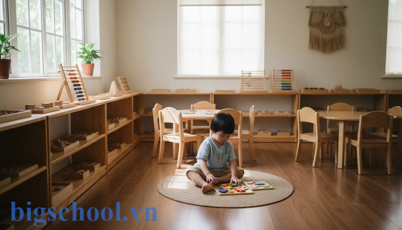 Môi trường Montessori với kệ gỗ thấp và giáo cụ sắp xếp ngăn nắp giúp trẻ tự lập.