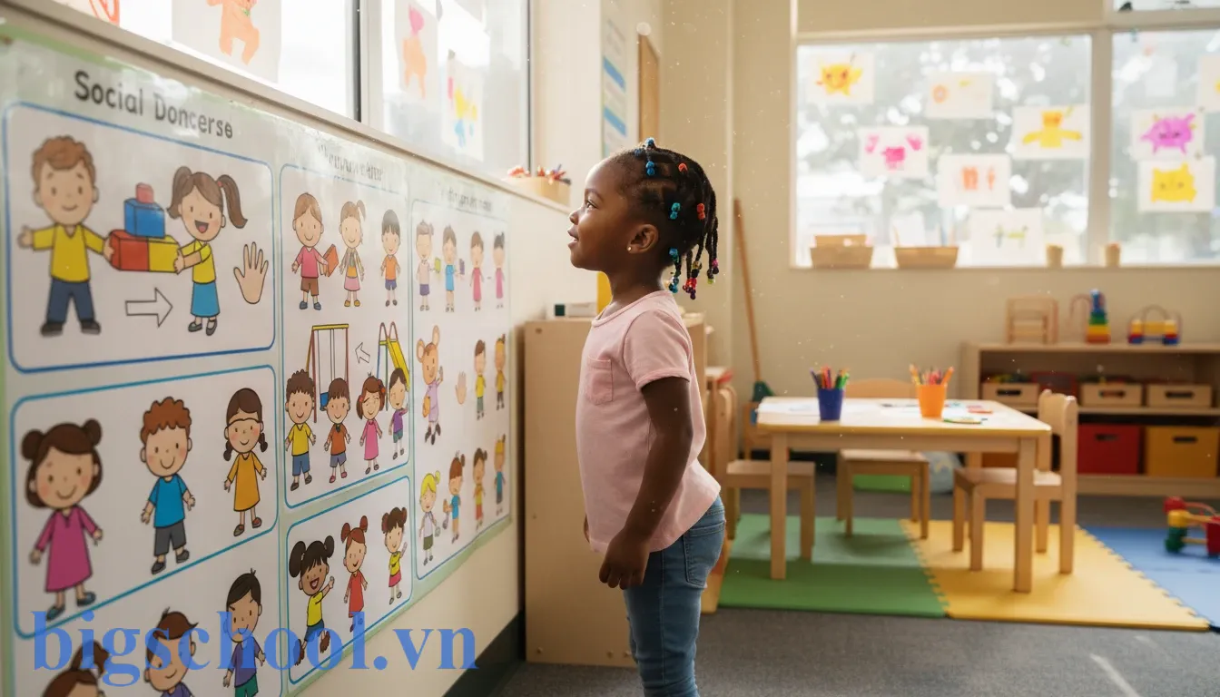 Một bé mầm non đang chăm chú nhìn vào bảng nội quy có nhiều hình minh họa màu sắc sinh động.