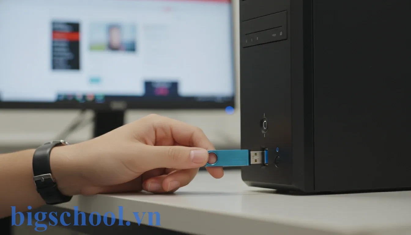 Một chiếc USB đang được cắm vào cổng kết nối máy tính trong môi trường giáo dục chuyên nghiệp.
