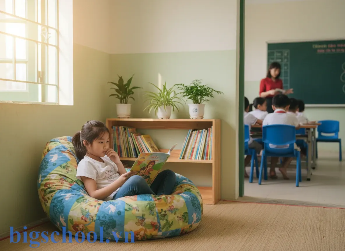 Một góc bình yên trong lớp học tiểu học giúp học sinh tự điều chỉnh cảm xúc.