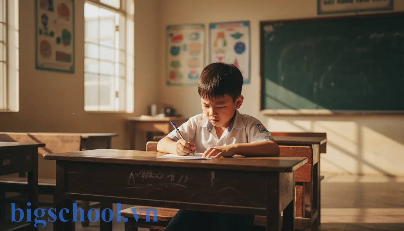 Một học sinh tiểu học Việt Nam đang nắn nót viết bản kiểm điểm tại bàn học gỗ trong lớp.