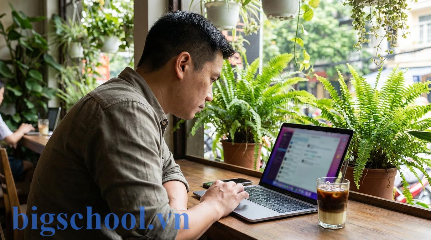 Cựu sinh viên là gì: Tối ưu lợi ích mạng lưới Alumni 2026 3 Một nam cựu sinh viên Việt Nam đang sử dụng laptop để kết nối với cộng đồng Alumni trên LinkedIn tại quán cà phê.