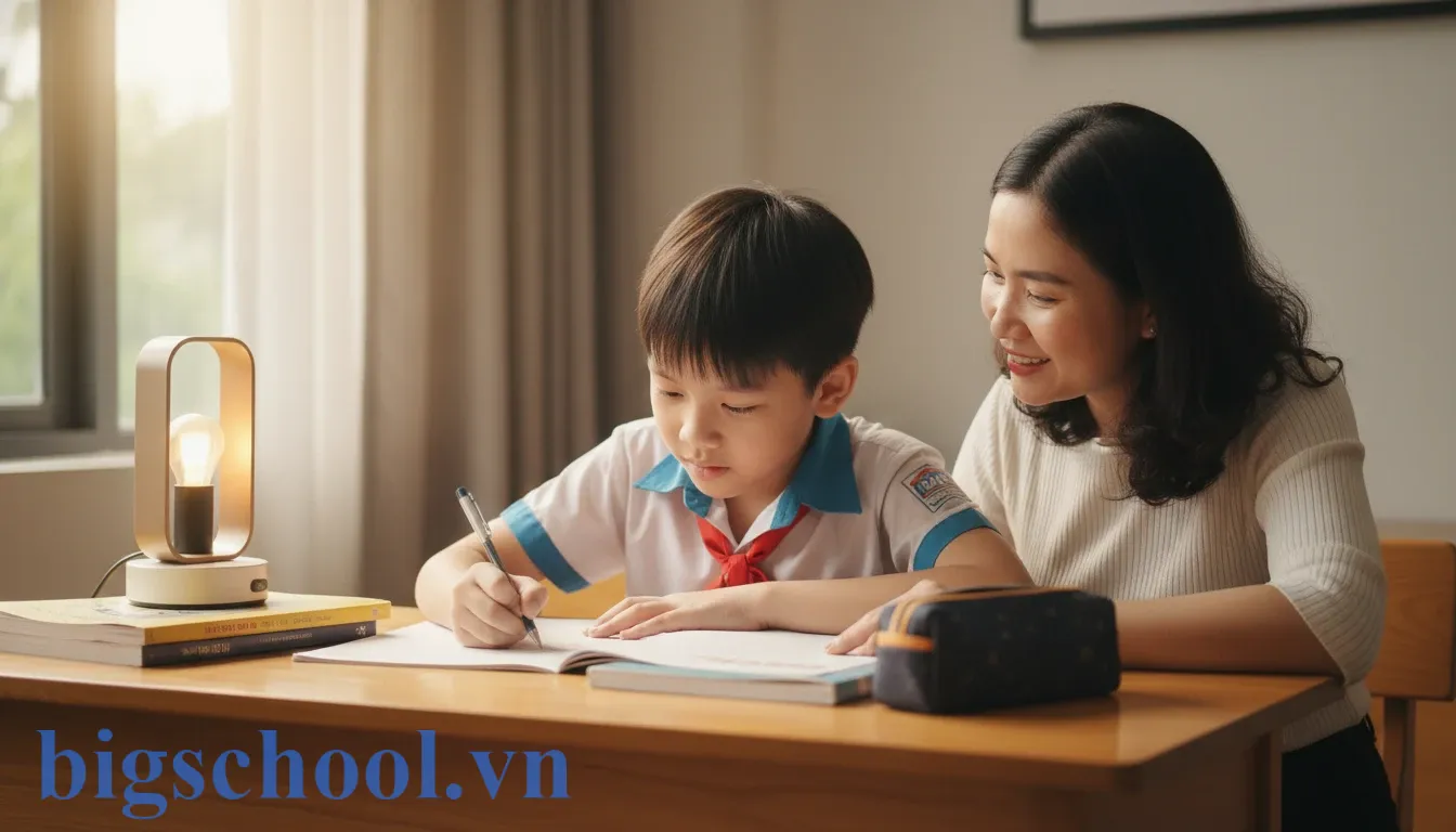 Một người mẹ Việt Nam đang ngồi cạnh hướng dẫn con trai lớp 4 viết bản kiểm điểm nhận lỗi đánh nhau tại bàn học.