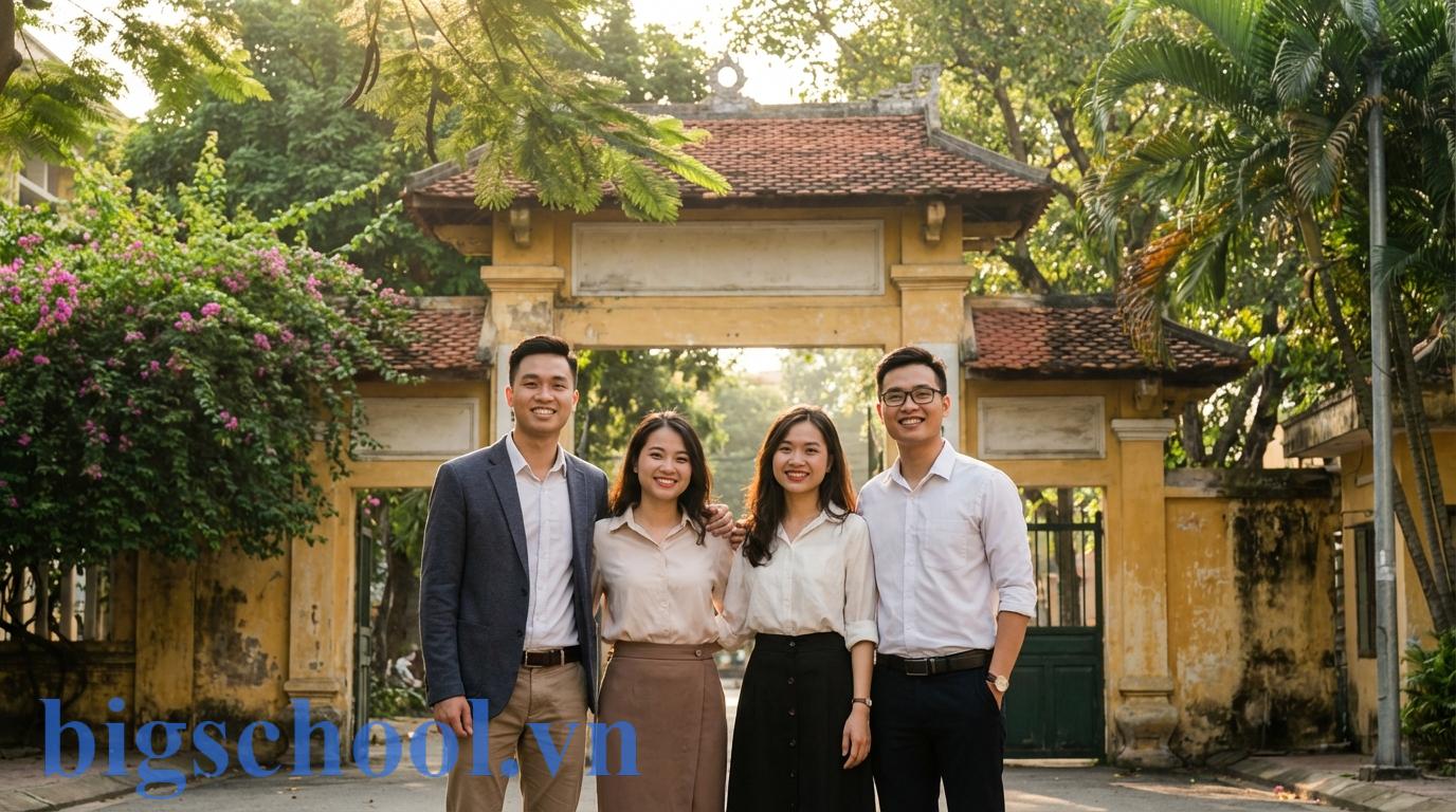 Cựu sinh viên là gì: Tối ưu lợi ích mạng lưới Alumni 2026 1 Một nhóm cựu sinh viên Việt Nam mỉm cười rạng rỡ trước cổng trường đại học kiến trúc cổ kính.