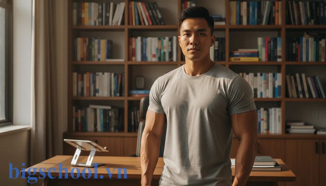 Một sinh viên có dáng người rắn rỏi khỏe khoắn bên cạnh những cuốn sách giáo khoa tiếng Việt.