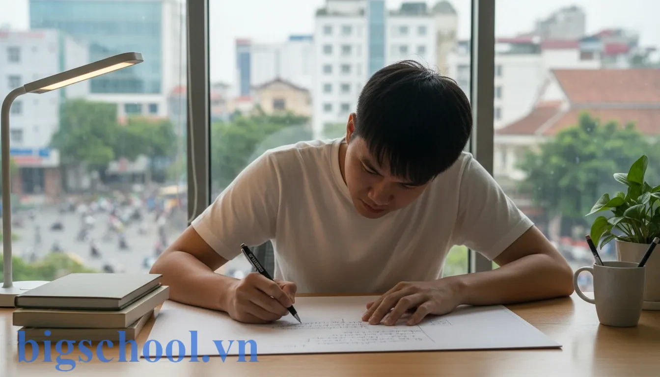 Phương pháp học Blurting là gì? Cách "hack" trí nhớ siêu tốc cho học sinh (2025) 1 Một sinh viên Việt Nam đang thực hiện phương pháp Blurting bằng cách viết nhanh ra giấy.