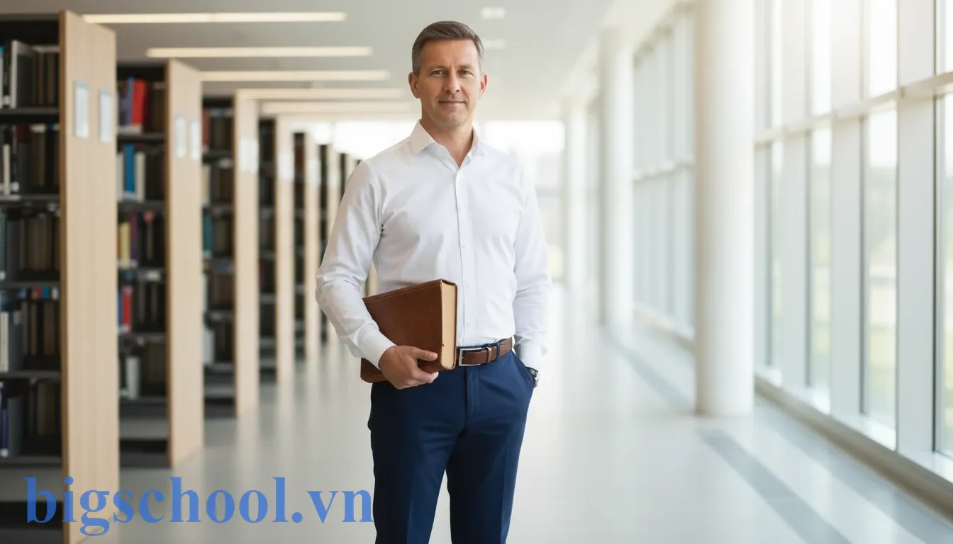Nam sinh có phong thái chững chạc, trang phục chỉnh tề và cử chỉ tự tin tại trường học.