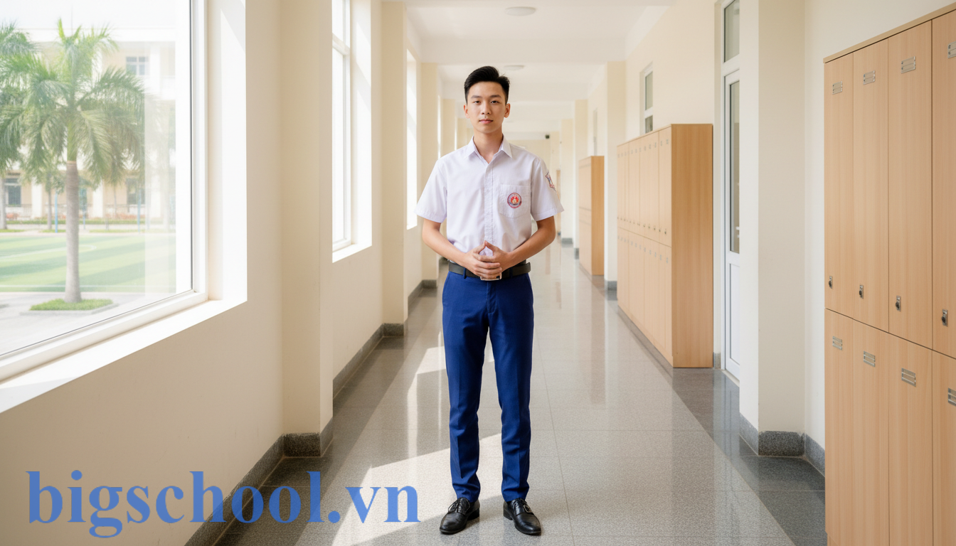 Nam sinh hệ GDTX trong bộ đồng phục áo sơ mi trắng và quần tây chỉnh tề.