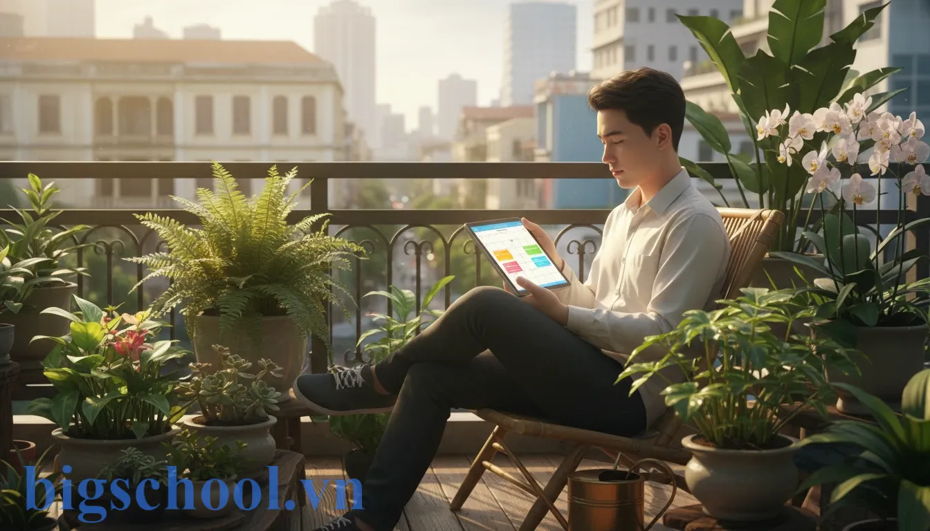 Phương pháp Spaced Repetition: Cách nhớ lâu trọn đời không cần học vẹt 2 Nam sinh viên Việt Nam học tập ngắt quãng kết hợp với hình ảnh ẩn dụ về việc tưới cây.