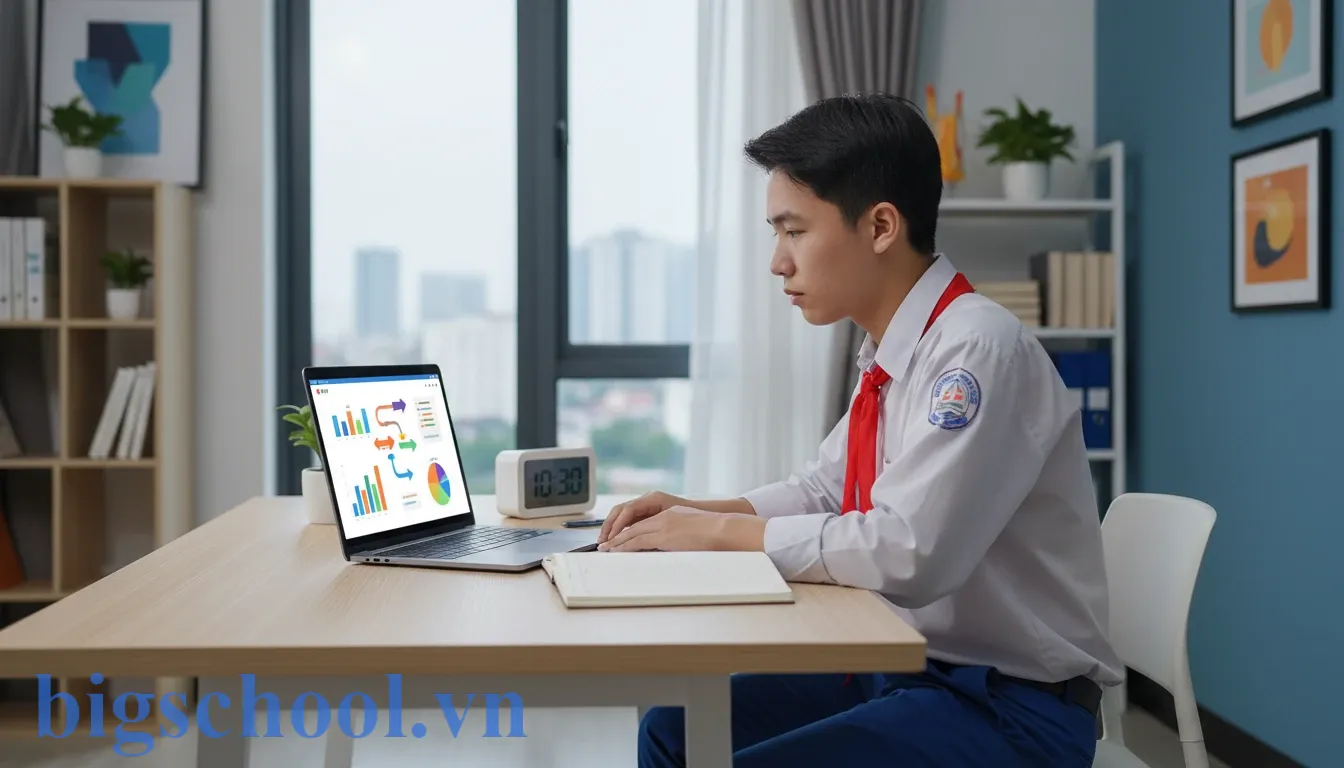 Nam sinh Việt Nam sử dụng máy tính học trực tuyến kết hợp quản lý thời gian.