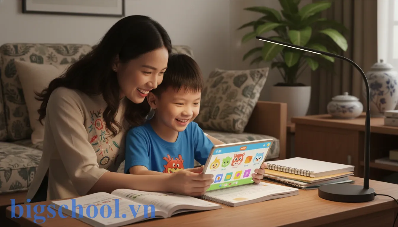 Người mẹ Việt Nam cùng con học bài qua ứng dụng giáo dục trên máy tính bảng tại nhà.
