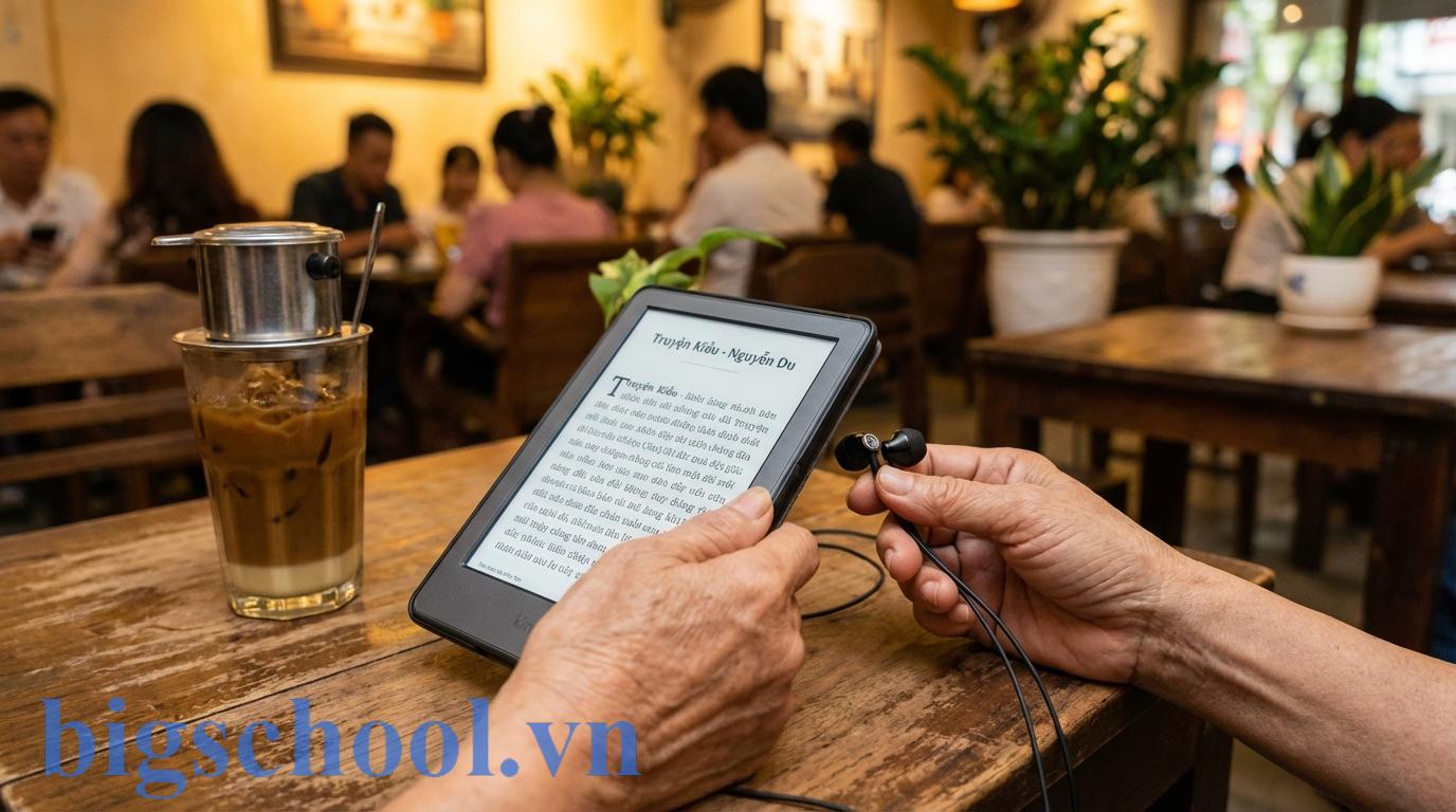 Văn hóa đọc là gì? 3 trụ cột kiến tạo năng lực tự học thời đại số 4 Người phụ nữ sử dụng máy đọc sách và tai nghe tại quán cà phê thể hiện sự đa dạng của văn hóa đọc số.