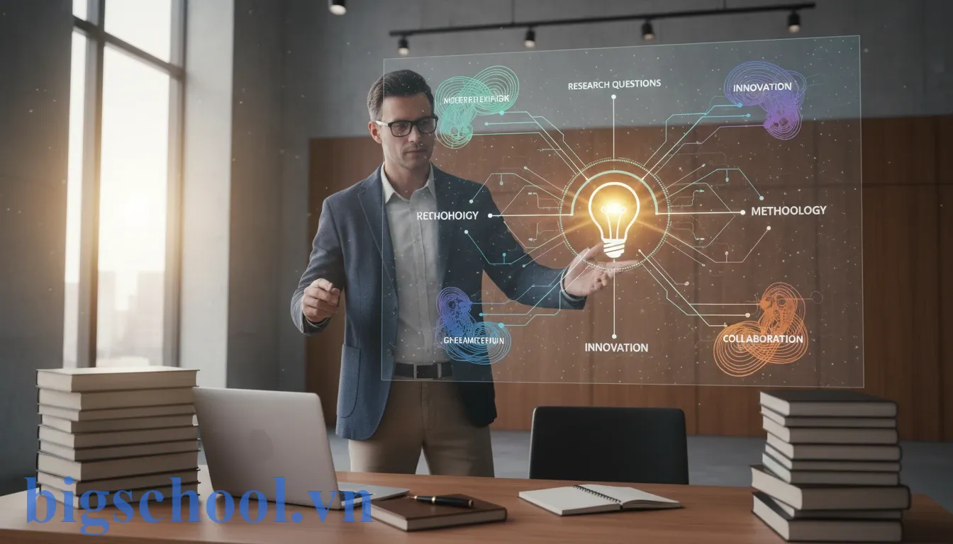 Nhà giáo dục trình bày ý tưởng đề xuất sáng tạo trong môi trường học thuật chuyên nghiệp.