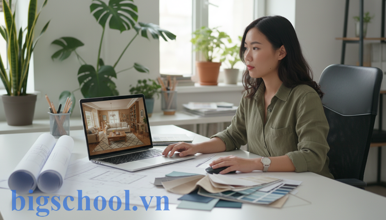 Nhà thiết kế nội thất trẻ người Việt đang phác thảo không gian sống hiện đại