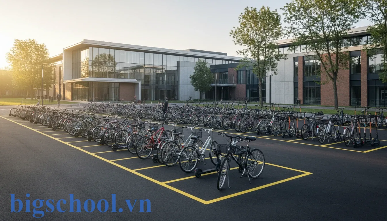 Nhà xe trường học được quy hoạch đồng bộ với các dãy xe đạp điện và xe đạp xếp hàng ngay ngắn