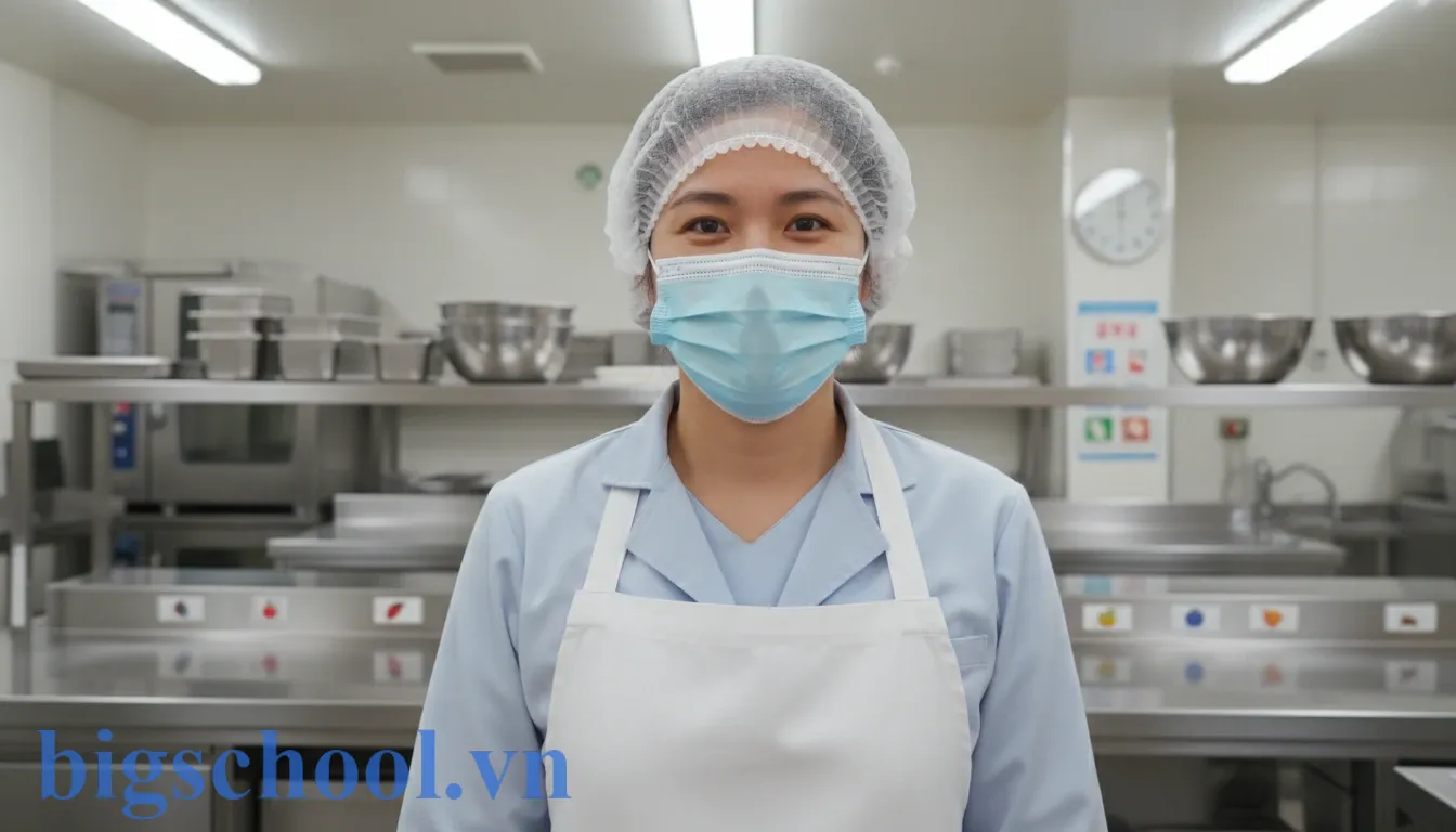 Nhân viên bếp mầm non trang bị đầy đủ bảo hộ lao động bao gồm mũ trùm và tạp dề đúng quy định.