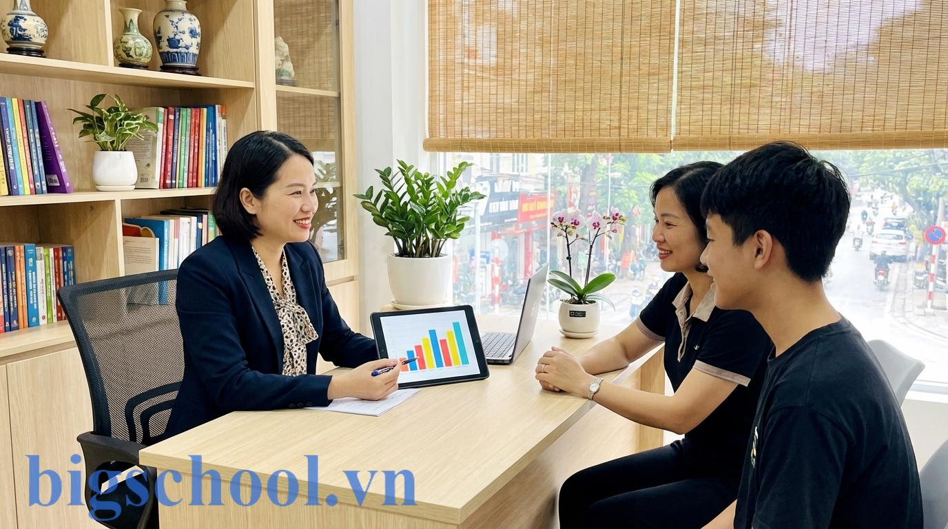 Nhân viên học vụ đang nhiệt tình tư vấn lộ trình học tập và trao đổi kết quả với phụ huynh và học sinh tại văn phòng.