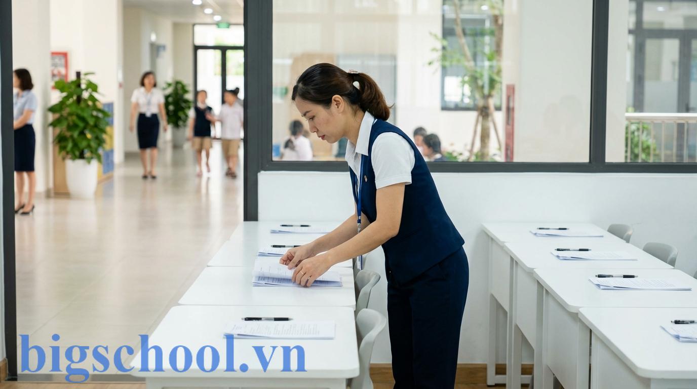 Nhân viên học vụ tại một trung tâm Anh ngữ đang sắp xếp đề thi và chuẩn bị phòng kiểm tra xếp lớp cho học viên mới.