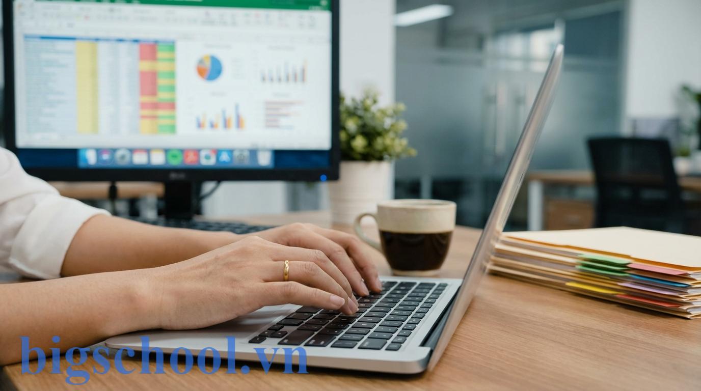Nhân viên học vụ tập trung làm việc với bảng tính Excel và phần mềm quản lý học tập trên máy tính tại bàn làm việc.
