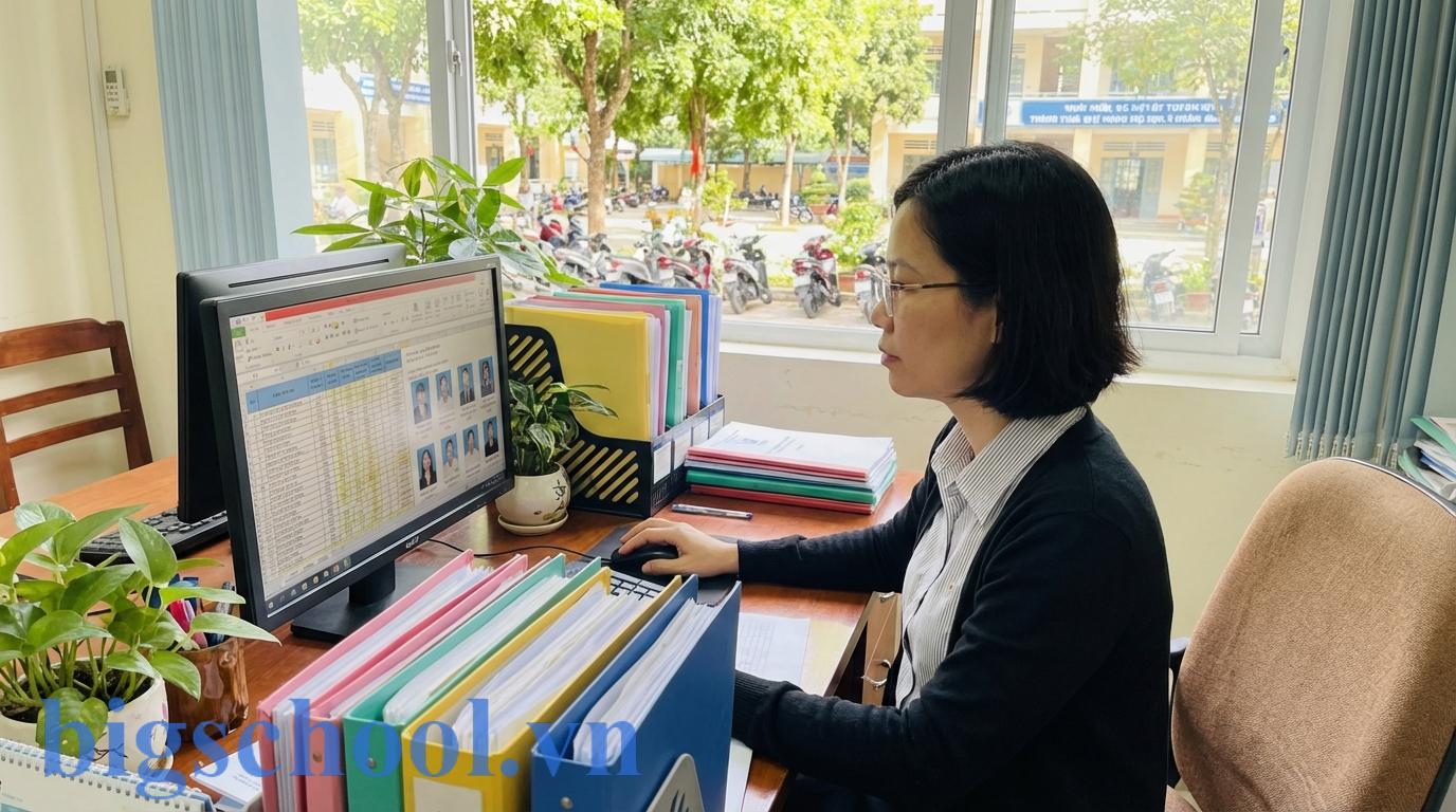 Nhân viên văn phòng đại học Việt Nam đang rà soát nghĩa vụ tài chính của sinh viên trên máy tính.