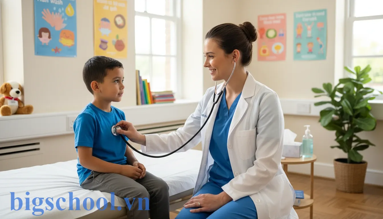 7 quy định nội quy phòng y tế trường học chuẩn Bộ Y tế 2025 3 Nhân viên y tế trường học đang thăm khám sức khỏe định kỳ cho học sinh.