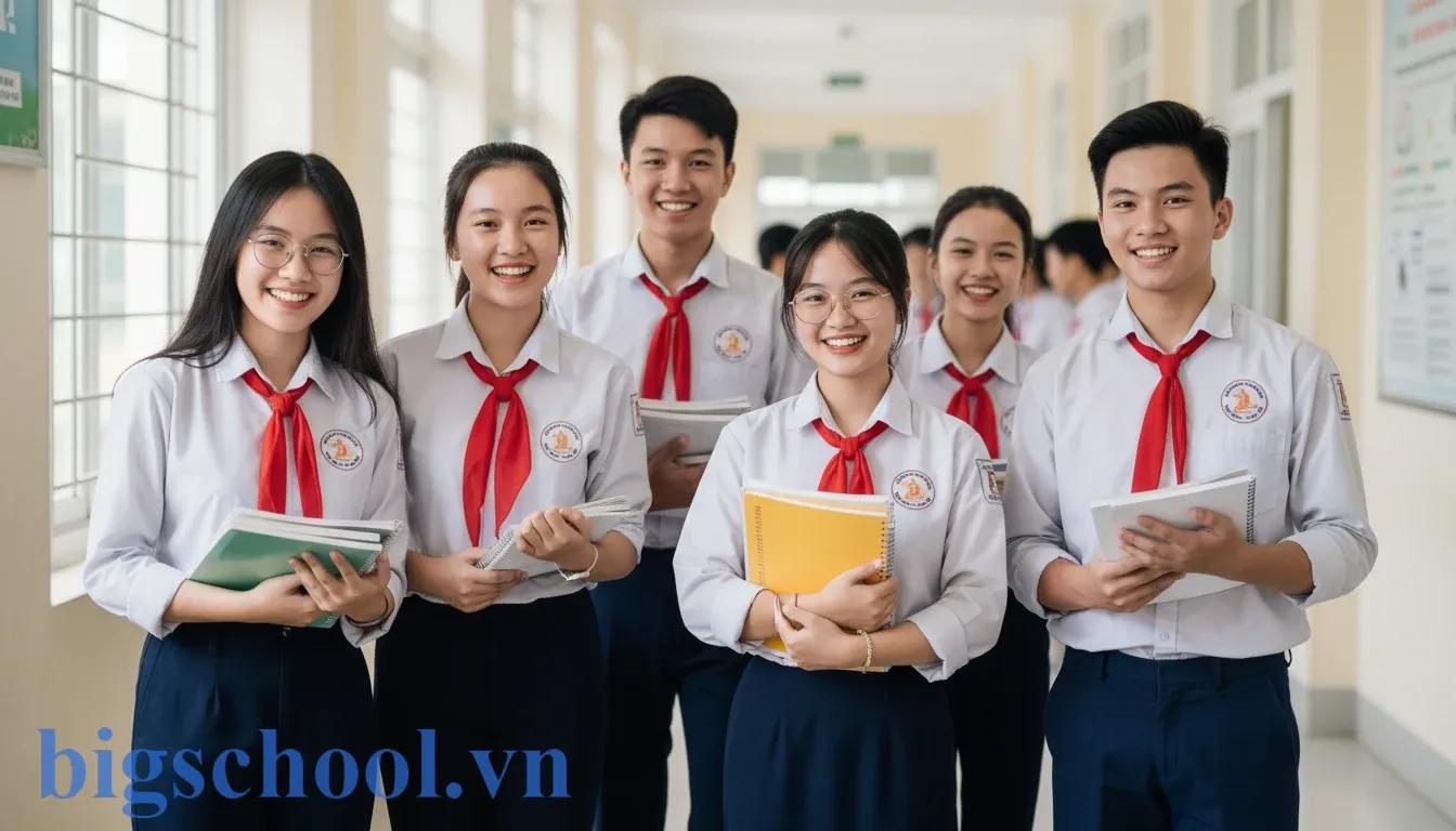 Nhóm học sinh mặc đồng phục chỉnh tề thể hiện sự bình đẳng và tác phong nghiêm túc tại trường.