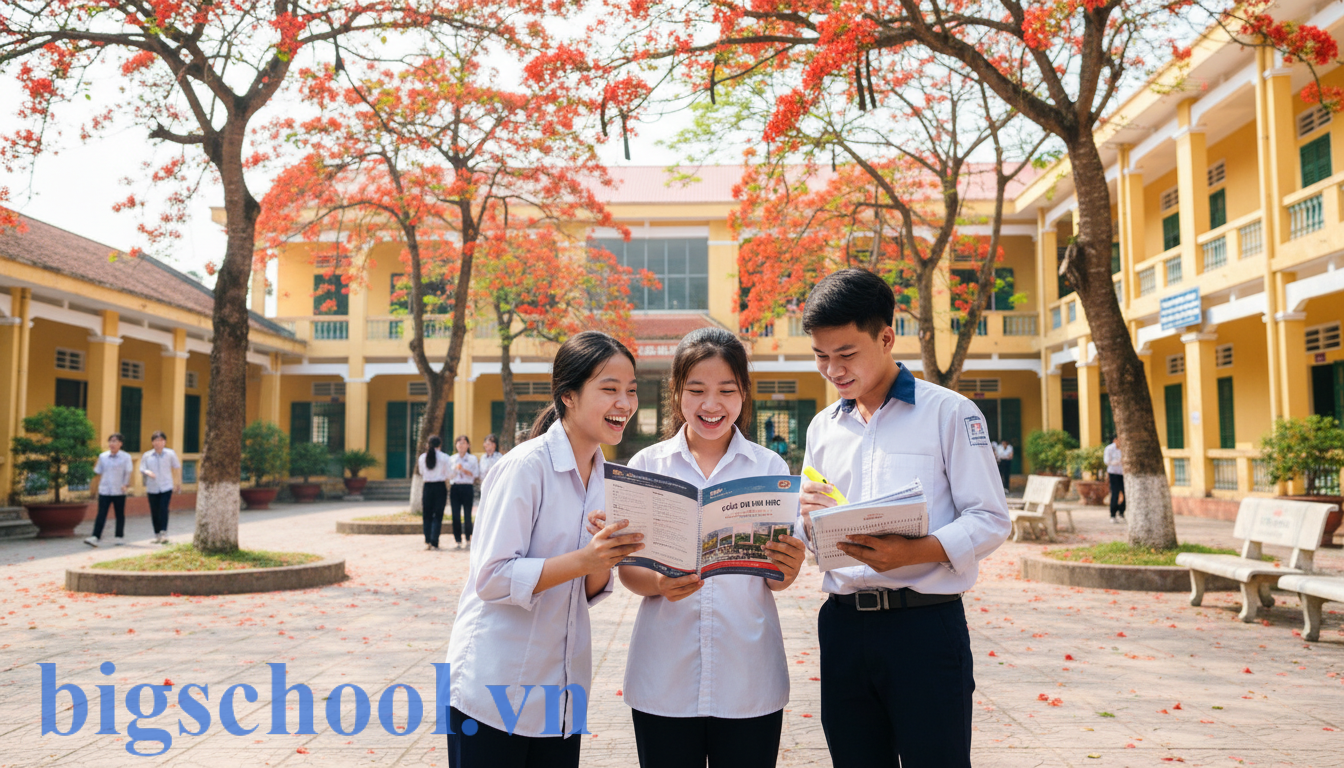 Nhóm học sinh thảo luận vui vẻ trong sân trường, lựa chọn khối C20 để phát huy tư duy xã hội.