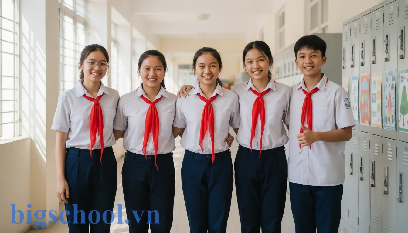 Nhóm học sinh THCS mặc đồng phục trắng và đeo khăn quàng đỏ chỉnh tề tại trường.