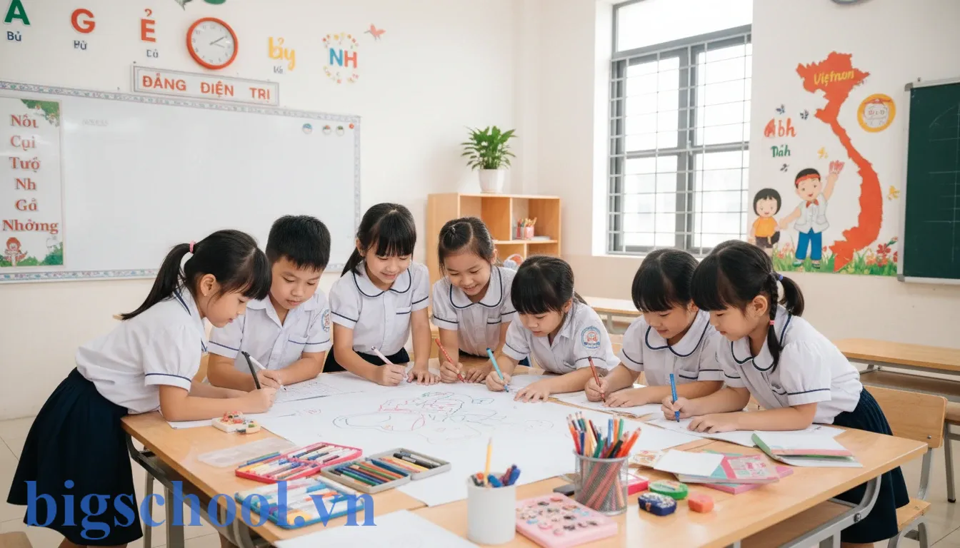 7 Phương pháp dạy học tích cực ở tiểu học: Kích thích tư duy & Sáng tạo (2025) 2 Nhóm học sinh tiểu học Việt Nam cùng nhau thảo luận và hoàn thành bài tập nhóm trên giấy lớn.