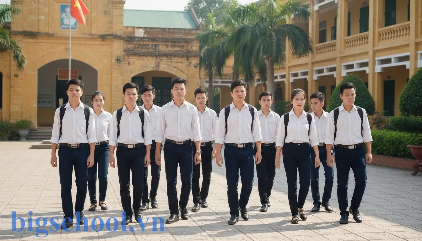 8 quy định nội quy lớp học cấp 3 chuẩn tích hợp công nghệ 2026 1 Nhóm học sinh trung học phổ thông Việt Nam trong trang phục đồng phục chỉnh tề tại sân trường.