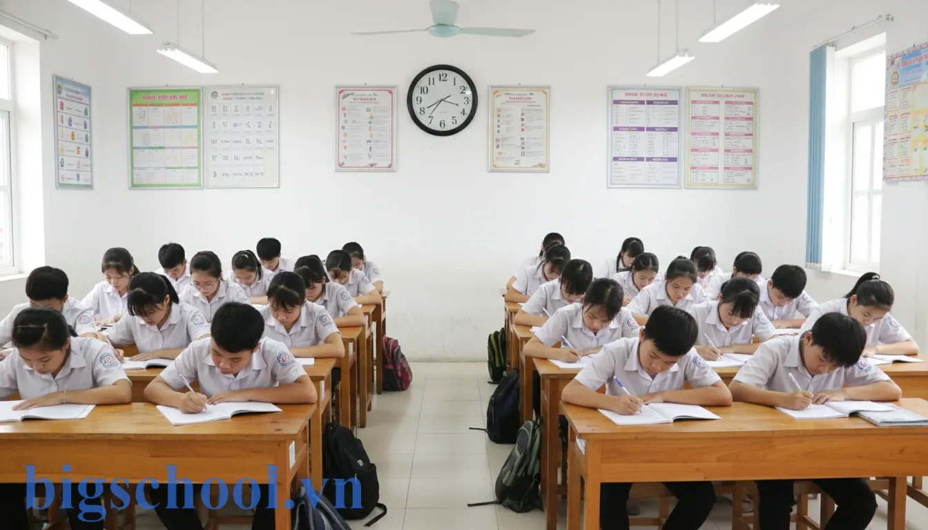 Nhóm học sinh trung tâm dạy thêm tập trung viết bài và tuân thủ kỷ luật lớp học nghiêm túc.