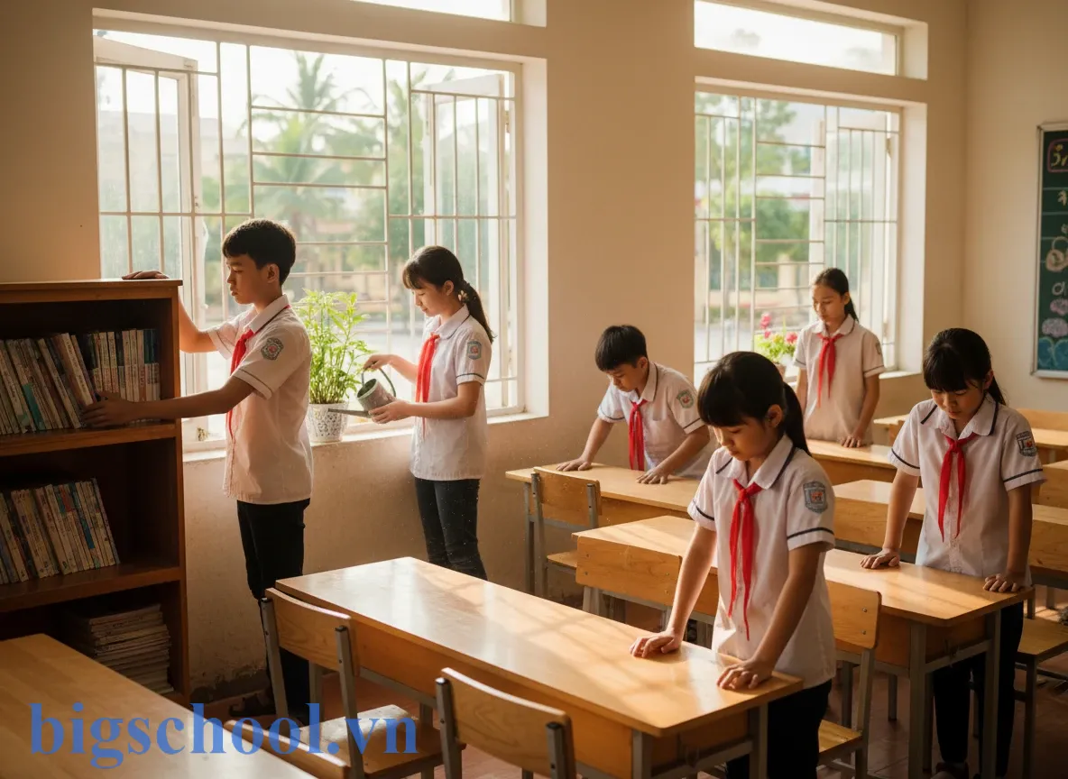 7 Cách phạt học sinh mất trật tự: Kỷ luật tích cực & Quy định mới nhất 3 Nhóm học sinh Việt Nam cùng nhau dọn dẹp lớp học để rèn luyện trách nhiệm cộng đồng.