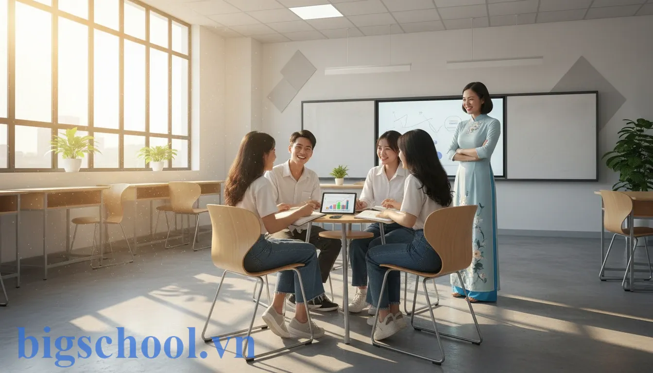 Phương pháp dạy học tích cực: 6 Kỹ thuật phát triển năng lực học sinh hiệu quả nhất 2025 1 Nhóm học sinh Việt Nam hào hứng thảo luận trong lớp học theo phương pháp tích cực.