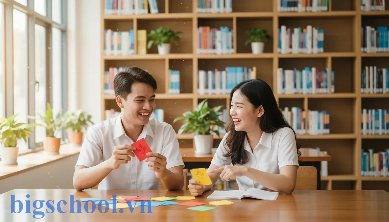 Nhóm học sinh Việt Nam sử dụng Flashcards để luyện tập phương pháp gợi nhớ chủ động cùng nhau.